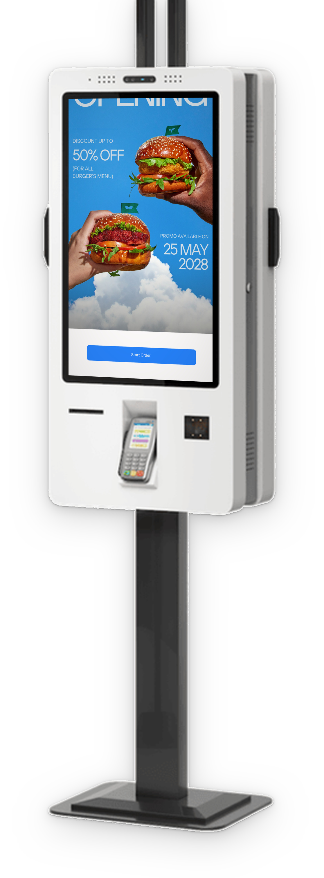 Clopos Kiosk — döşəmə stendi üzərində, ekranda başlanğıc ekranı