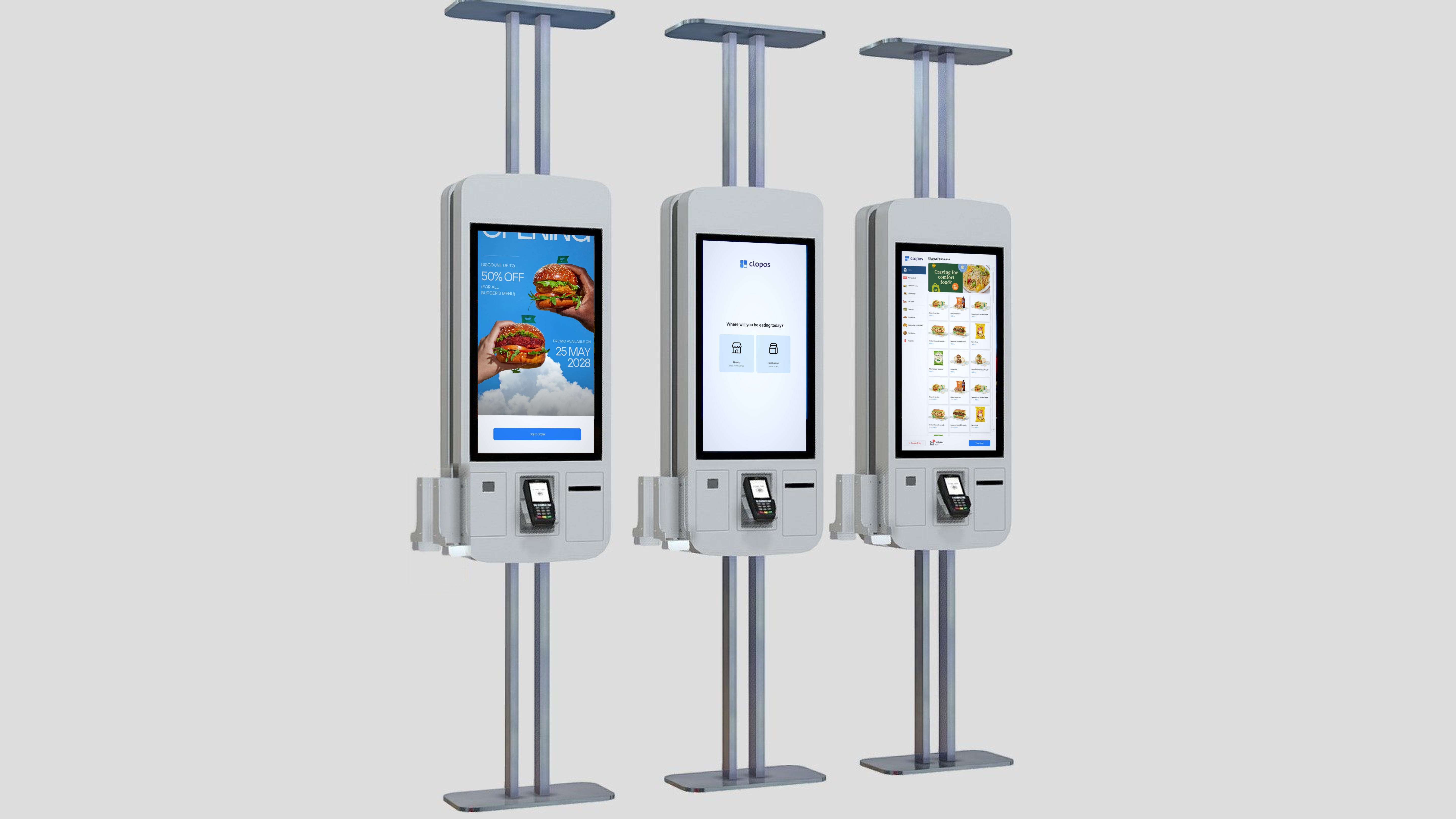 Üç Clopos Kiosk yan-yana — başlanğıc ekranı, yerdə/özünlə seçimi və menyu