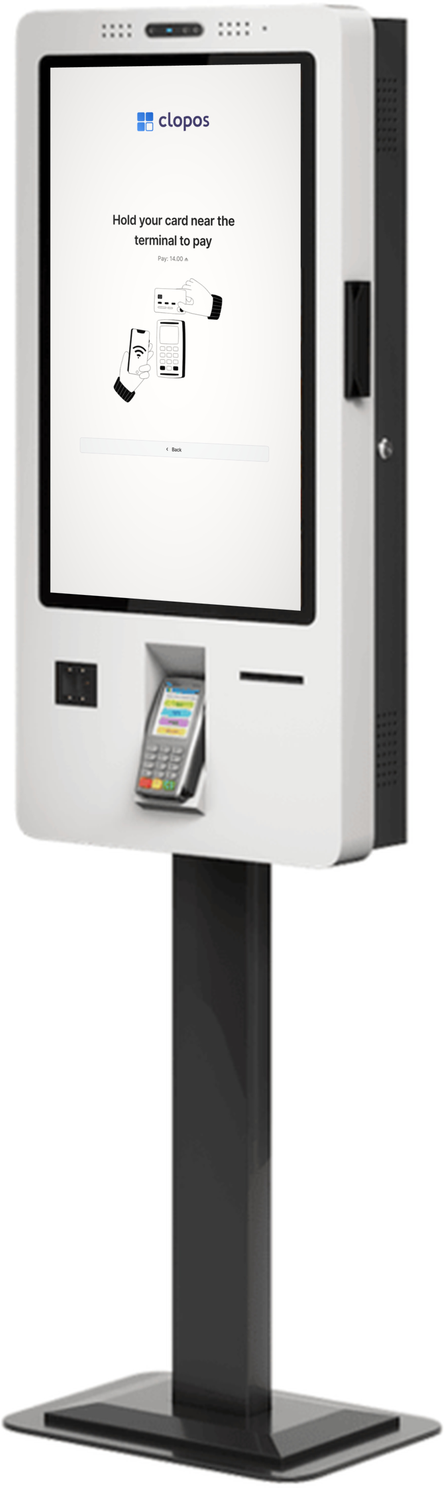 Döşəmə stendi üzərində Clopos Kiosk — ekranda kartla ödəniş, altında terminal və yaşıl LED zolağı