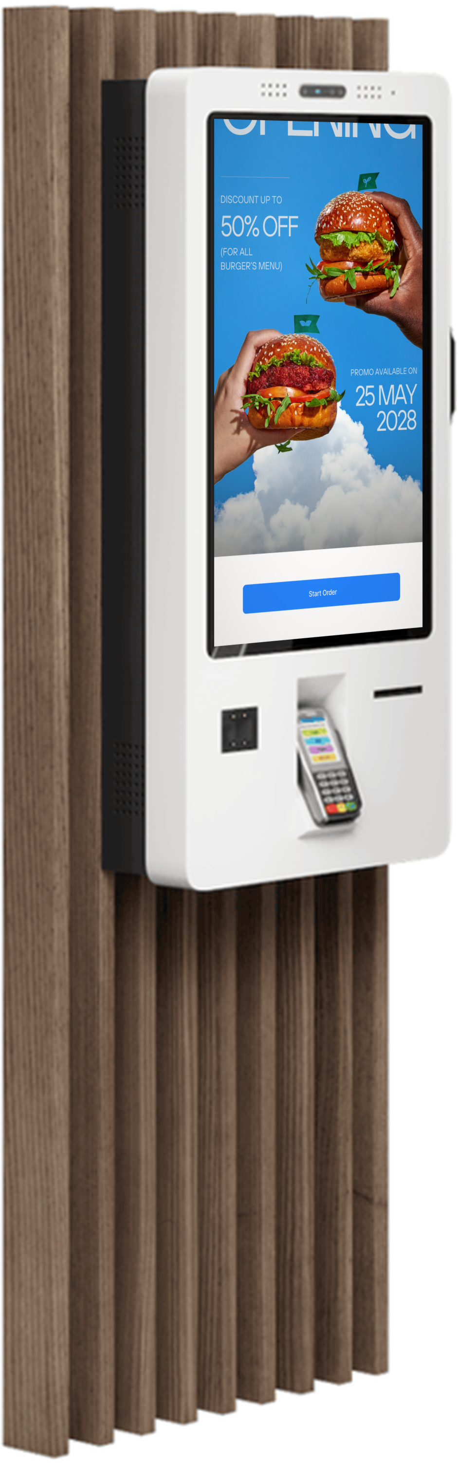 Divara montaj olunmuş Clopos Kiosk — taxta lövhə üzərində, başlanğıc ekranı